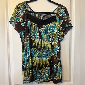 Perseption Women 1X Teal and Olive Feather Blouse